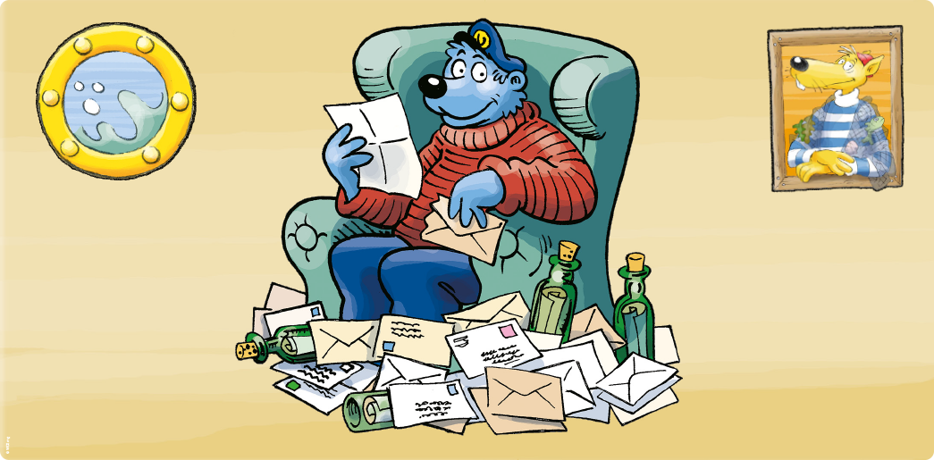 Newsletter_Illu_Käpt´n Blaubär in Sessel mit vielen Briefen