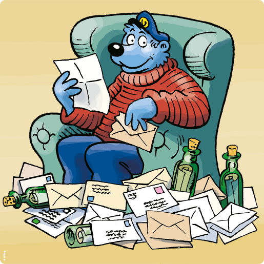 Newsletter_Illu_Käpt´n Blaubär in Sessel mit vielen Briefen